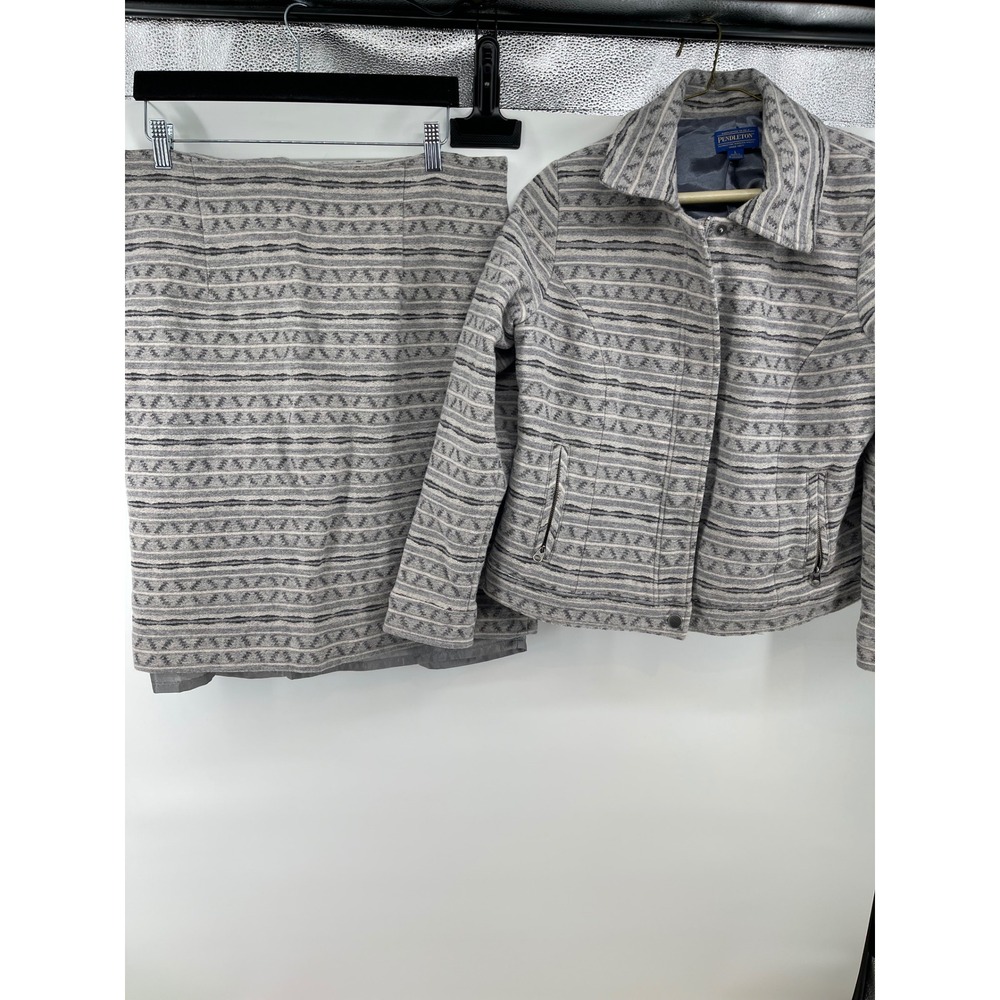 Pendleton Women Grey Virgin Wool Southwestern Skirt Suit Set Jacket 16 Large